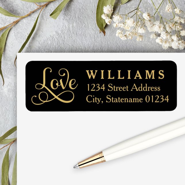 Black Gold Love Script Wedding Address Return Address Label (Creator Uploaded)