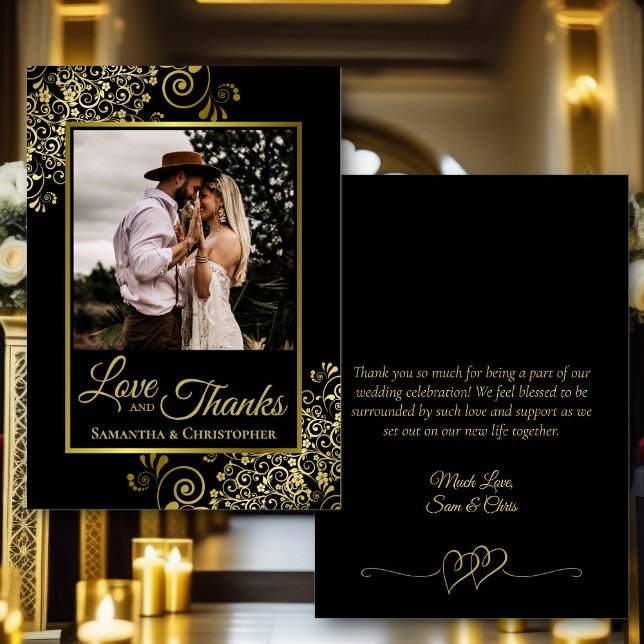 Black & Gold Love & Thanks Photo & Note Wedding Thank You Card (Front/Back)