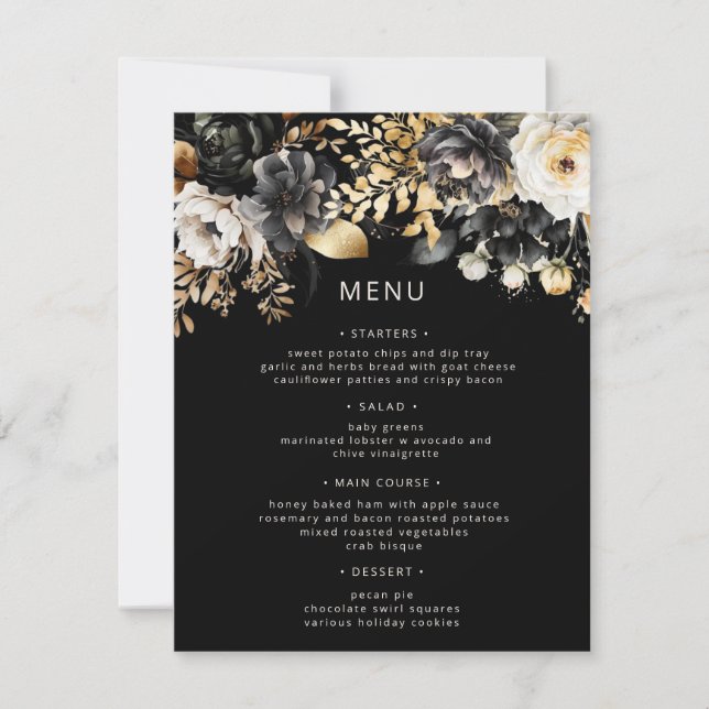 Black Gold Luxe Floral Wedding Menu Card (Front)