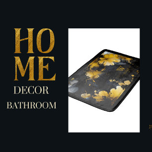 black & gold luxury floral marble swirl bath mat