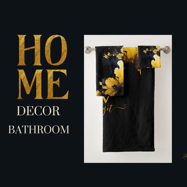 black & gold luxury floral marble swirl bath towel set (Creator Uploaded)