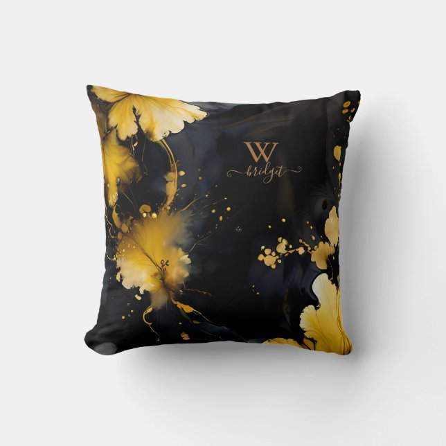 black gold luxury floral marble swirl  cushion (Front)