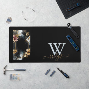 black & gold luxury floral marble swirl  desk mat