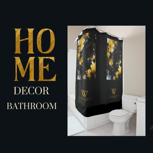 black & gold luxury floral marble swirl shower curtain (Creator Uploaded)