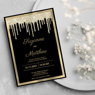 Black gold luxury glitter drips wedding invitation