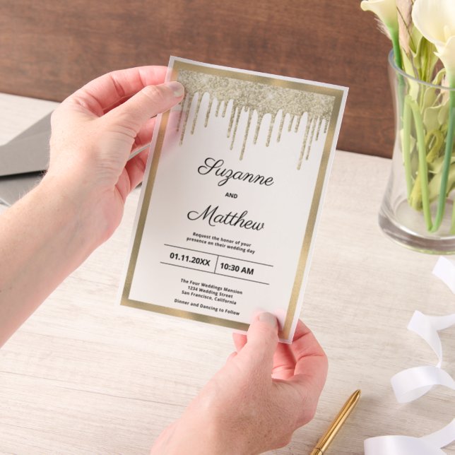 Black gold luxury glitter drips Wedding Vellum Invitations (Handheld)