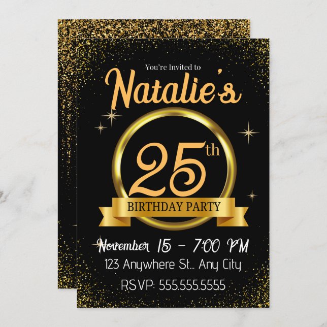 Black Gold Luxury Happy Birthday Party Invitation (Front/Back)