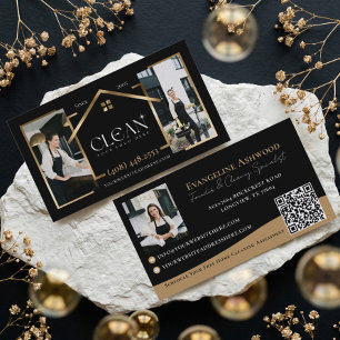 Black & Gold Luxury Home Cleaning Photo Logo QR Business Card