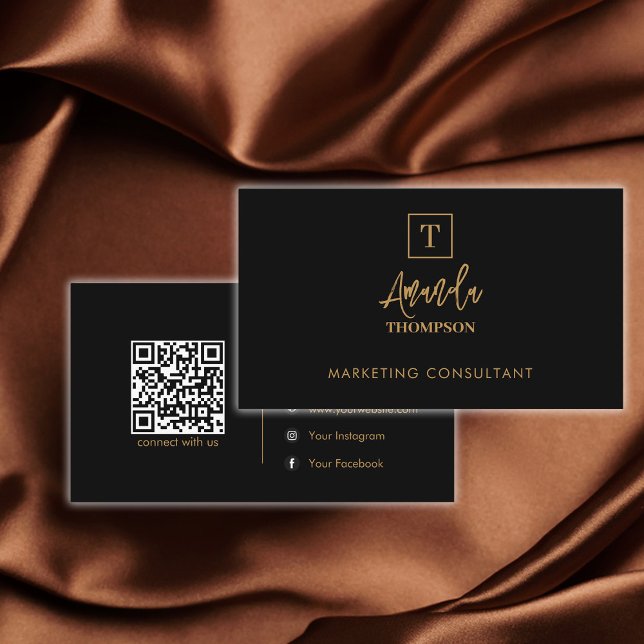 Black Gold Luxury Monogram Social Media QR Code Business Card (Creator Uploaded)
