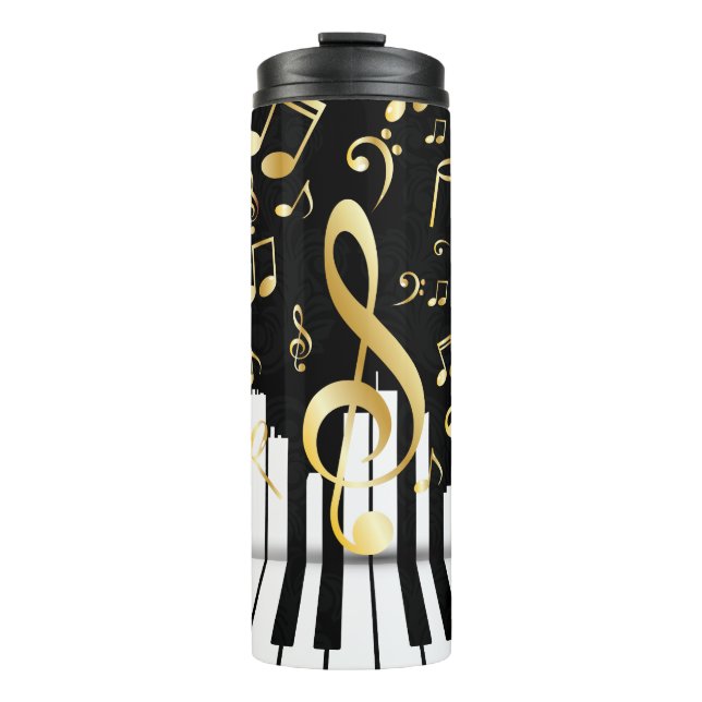 Black Gold Luxury Music Note piano keys Thermal Tumbler (Front)