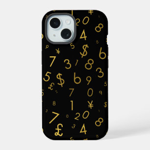 Black Gold Luxury Numbers Currency Symbols Pattern iPhone 15 Case
