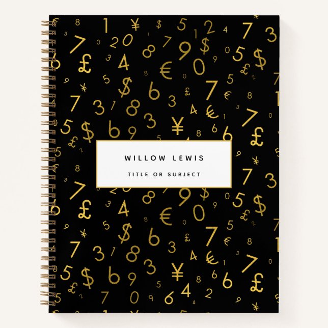 Black Gold Luxury Numbers Currency Symbols Pattern Notebook (Front)