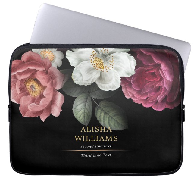 Black Gold Luxury Personalised Floral  Laptop Sleeve (Front)