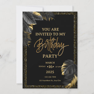 Black Gold Luxury Tropical Leaf Happy Birthday Invitation