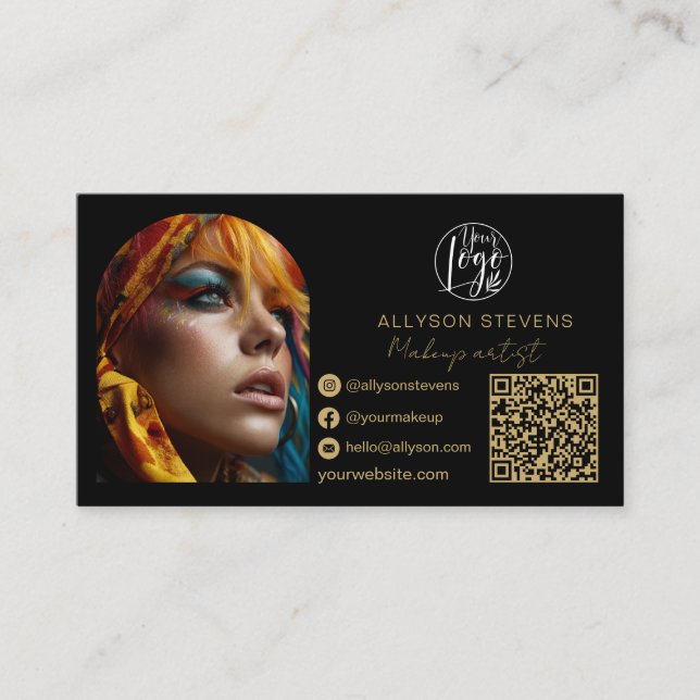 black gold makeup 3 photo Social Media Logo qr Business Card (Front)