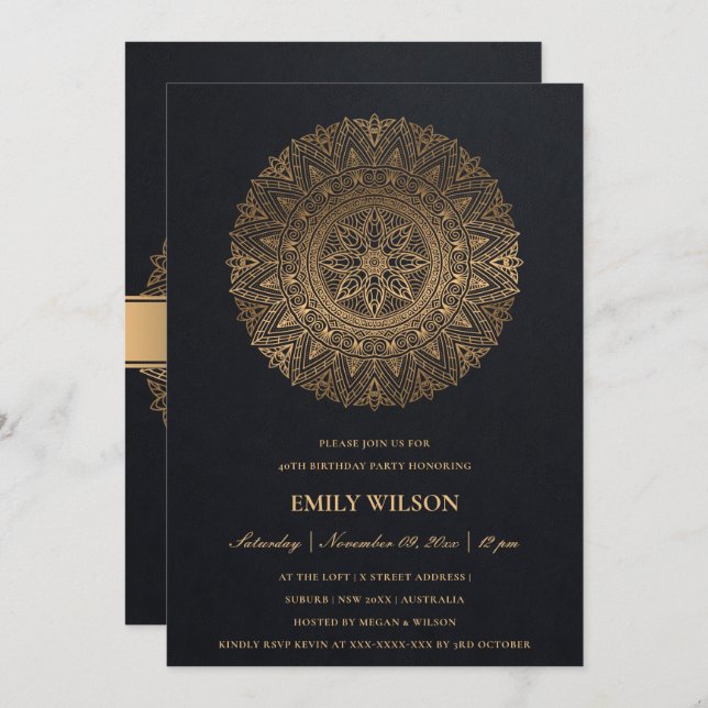 BLACK GOLD MANDALA ANY YEAR 65TH BIRTHDAY PARTY INVITATION (Front/Back)