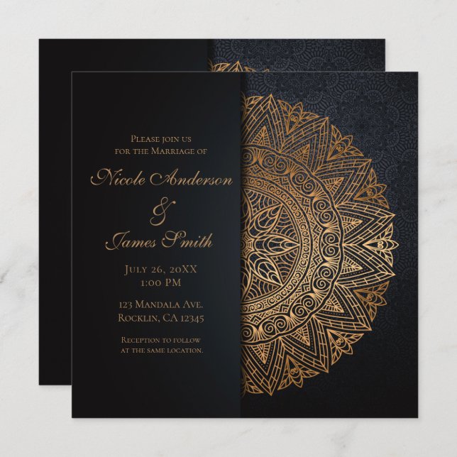 Black & Gold Mandala Elegant Wedding Marriage Invitation (Front/Back)