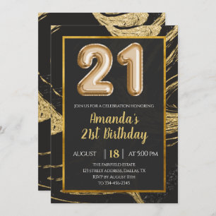 Black Gold Marble 21st Birthday Invitation