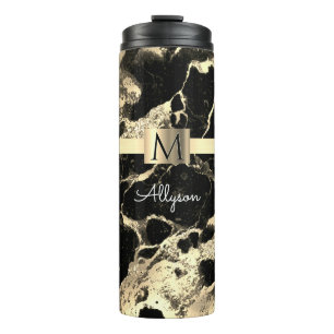 Black+Gold Marble 2, Gold Box+Band, Name+Monogram Thermal Tumbler