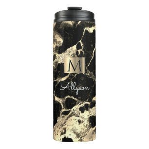 Black & Gold Marble 2, Gold Box, Name & Monogram Thermal Tumbler