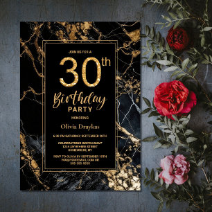 Black Gold Marble 30th Birthday Party Invitation