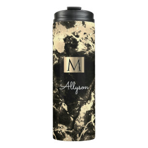 Black & Gold Marble 3, Gold Box, Name & Monogram Thermal Tumbler