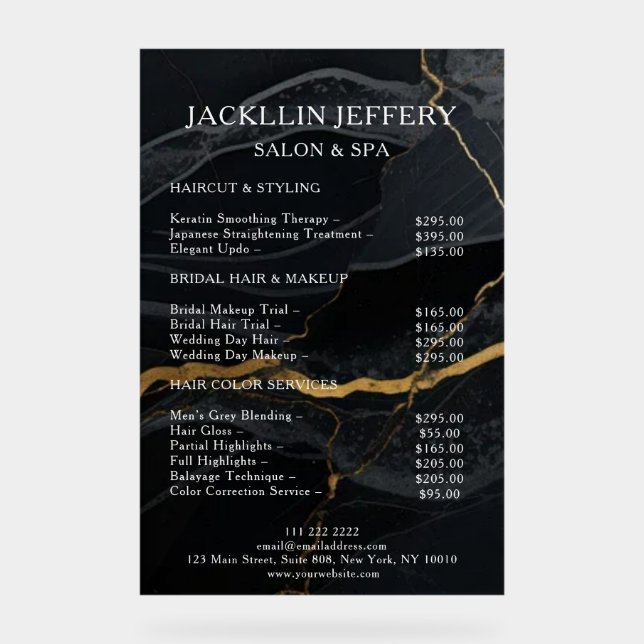 Black Gold Marble Acrylic Salon Sign (Front)