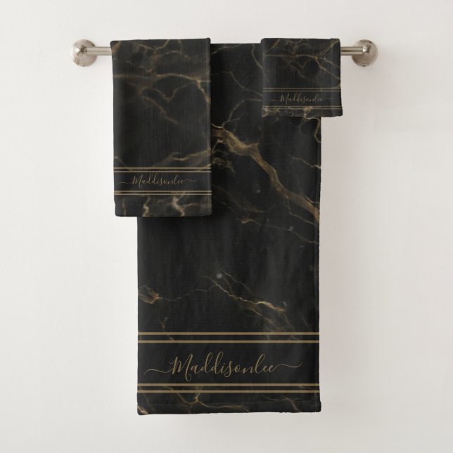   Black Gold Marble Agate Monogram Name Bath Towel Set (Insitu)