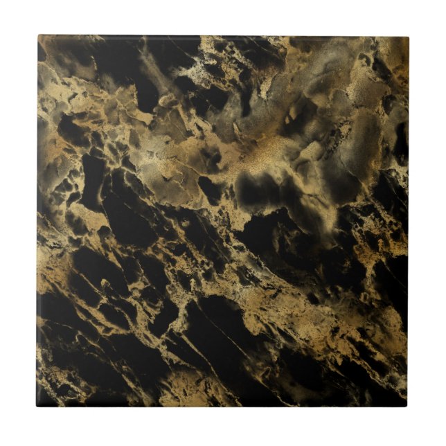 Black Gold Marble Agate Trendy Chic  Ceramic Tile (Front)