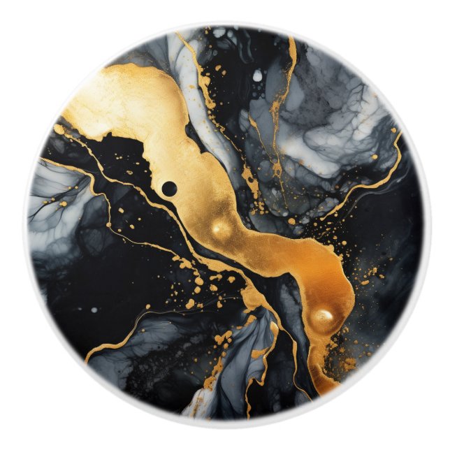 Black Gold Marble Alcohol Ink Abstract  Ceramic Knob (Front)