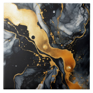 Black Gold Marble Alcohol Ink Abstract Ceramic Tile