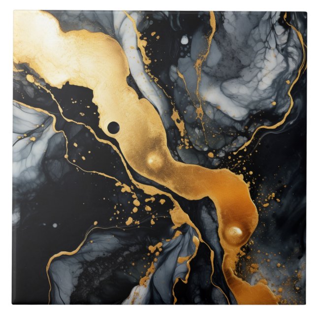 Black Gold Marble Alcohol Ink Abstract  Ceramic Tile (Front)