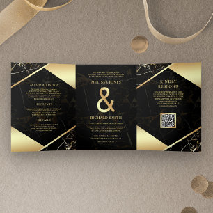 Black Gold Marble Ampersand QR Code Wedding Tri-Fold Invitation