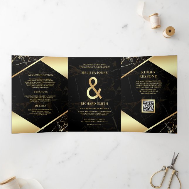 Black Gold Marble Ampersand QR Code Wedding Tri-Fold Invitation (Inside)