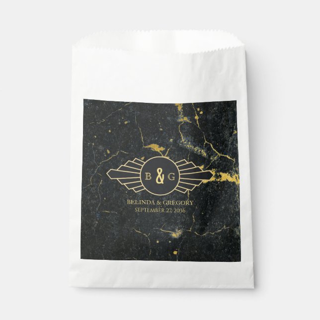 Black Gold Marble Art Deco Wedding Favour Bag (Front)