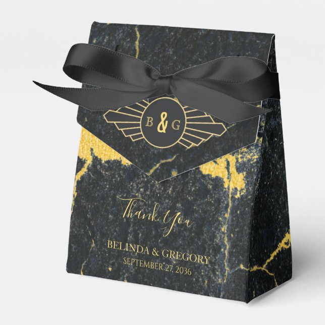 Black Gold Marble Art Deco Wedding Favour Box (Front Side)