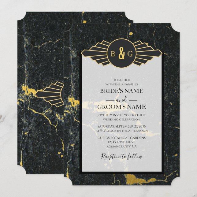 Black Gold Marble Art Deco Wedding Invitation (Front/Back)