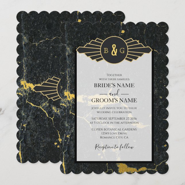 Black Gold Marble Art Deco Wedding Invitation (Front/Back)
