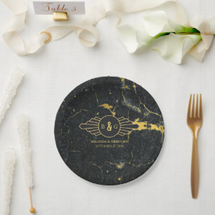 Black Gold Marble Art Deco Wedding Paper Plate