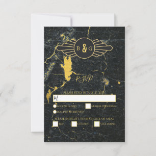 Black Gold Marble Art Deco Wedding RSVP Card