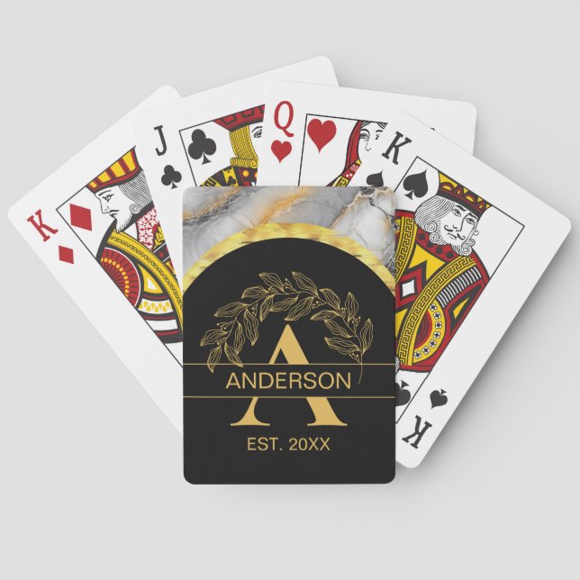 Black Gold Marble Botanical Monogram Personalized Playing Cards (Back)