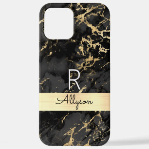 Black & Gold Marble, DIY Black Name & Wht Monogram iPhone 12 Pro Max Case