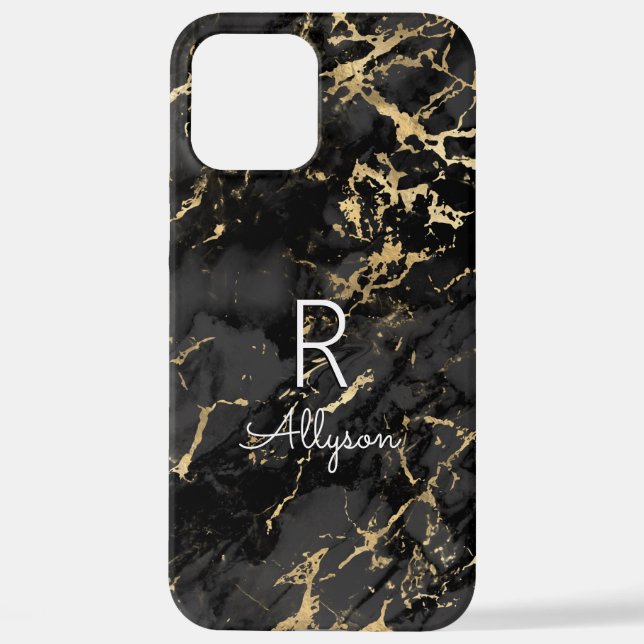 Black & Gold Marble, DIY White Name & Monogram iPhone Case (Back)