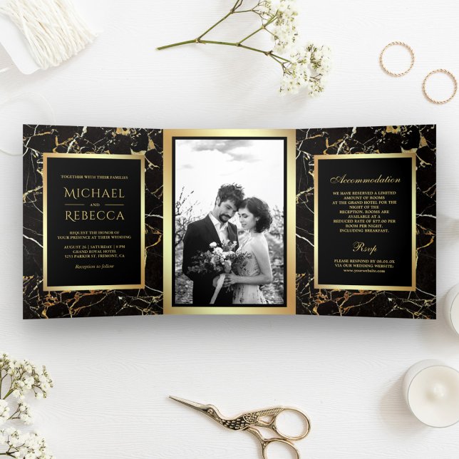 Black Gold Marble Faux Gold Foil Photo Wedding Tri-Fold Invitation (Creator Uploaded)