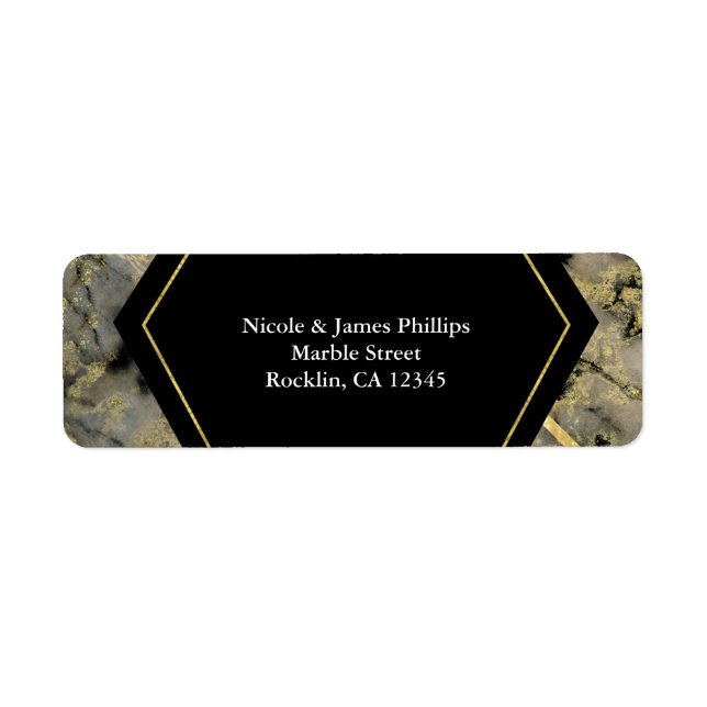 Black & Gold Marble Glam Wedding Invitation Return Address Label (Front)