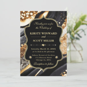 Black Gold Marble Glitter Elegant Wedding Invitation