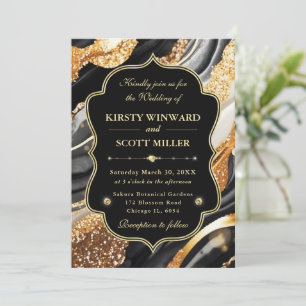 Black Gold Marble Glitter Elegant Wedding Invitation