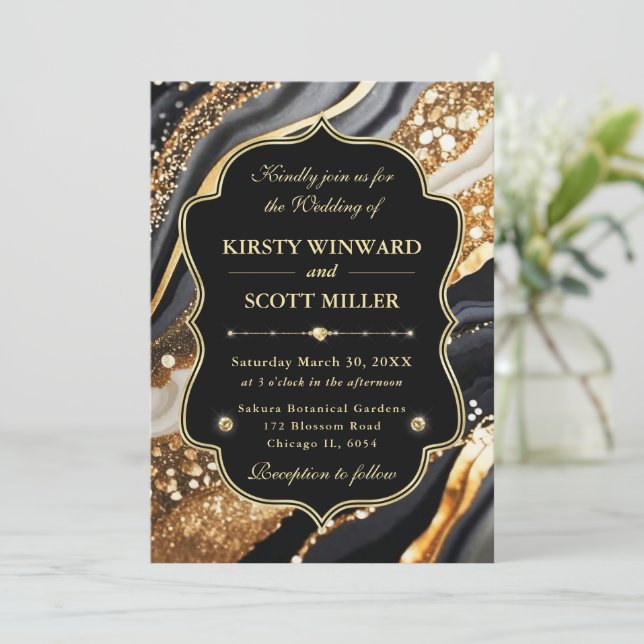 Black Gold Marble Glitter Elegant Wedding Invitation (Standing Front)