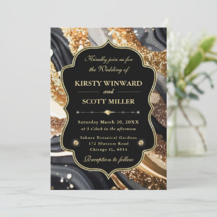 Black Gold Marble Glitter Elegant Wedding Invitation