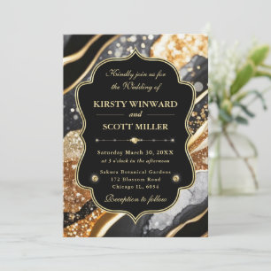 Black Gold Marble Glitter Elegant Wedding Invitation
